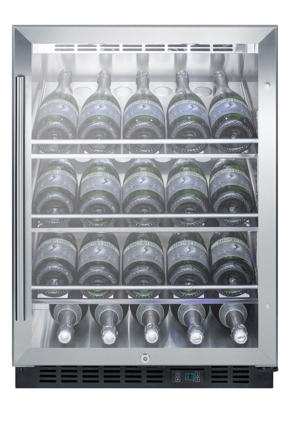 Built-in undercounter commercially listed wine cellar with stainless steel interior, champagne shelving, digital controls, and black cabinet